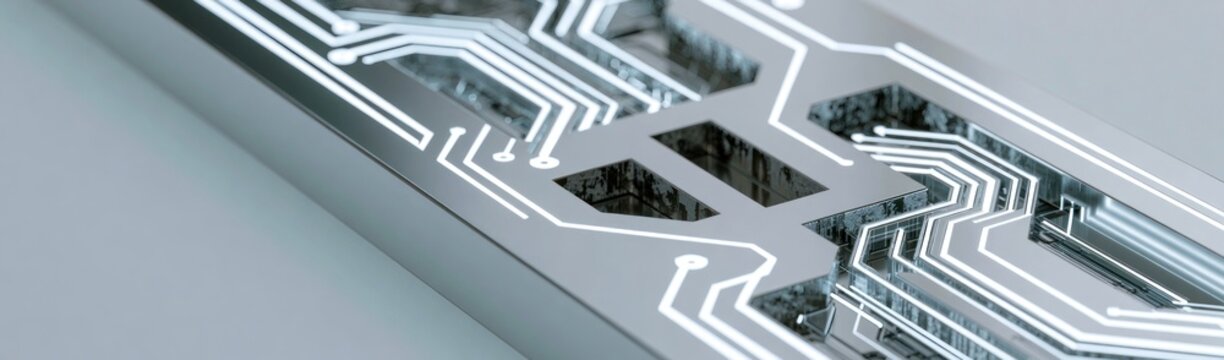 Abstract digital circuit board pattern with glowing lines and geometric shapes