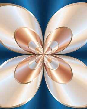 Abstract metallic flower with golden and silver petals radiating from center against deep blue background with light rays