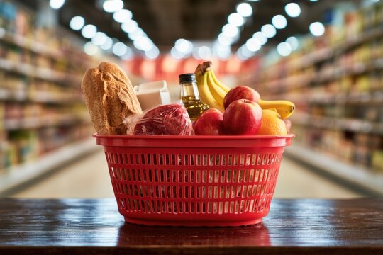 A red shopping basket filled with groceries including bread, meat, fruits, and a bottle in a supermarket aisle.