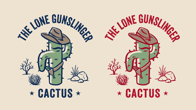 Vintage wild west illustration set featuring The Lone Gunslinger Cactus character in two color variants, wearing a cowboy hat and holster belt in a desert scene with tumbleweed and rocks.