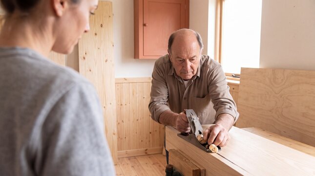 Senior Tischler hobelt Holz in der Werkstatt vor beobachtender Frau