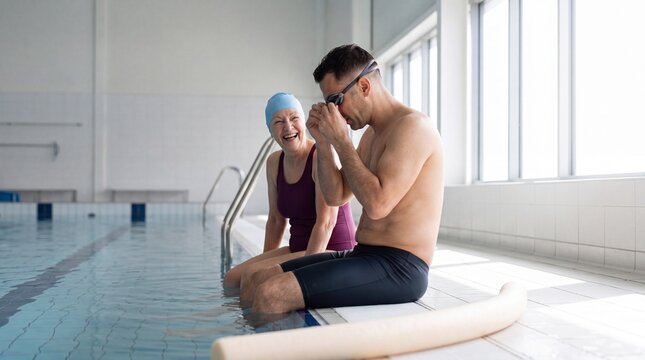 Schwimmer und Seniorin sitzen lachend am Beckenrand im Hallenbad