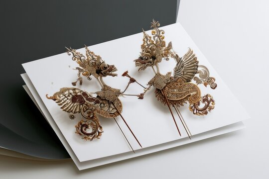 Intricate puppets displayed on white paper with soft lighting