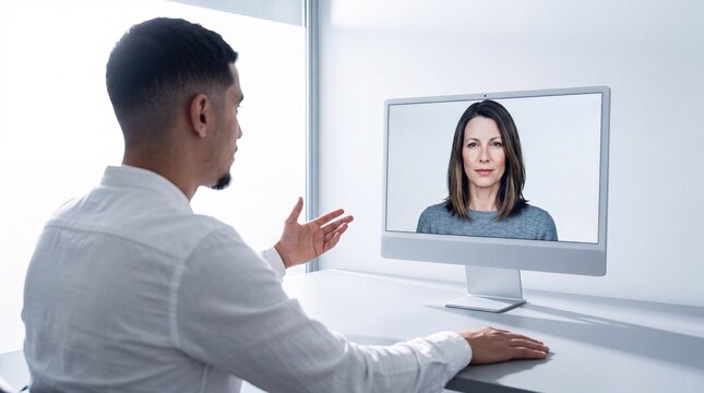 Mann gestikuliert w&auml;hrend Videokonferenz mit Kollegin im Homeoffice