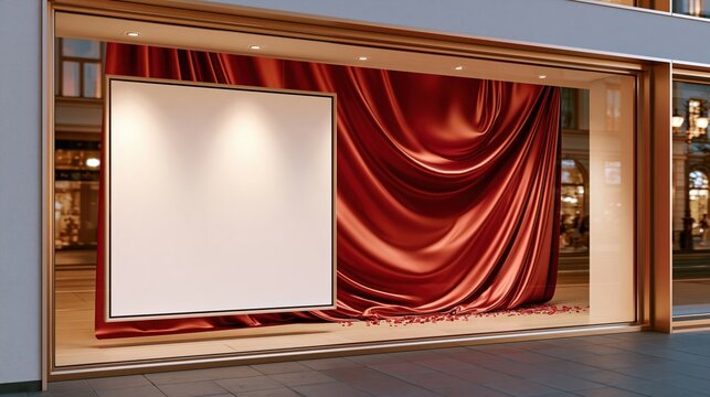 Empty advertising panel in shop window with red satin curtain and rose petals