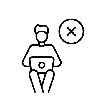 User digital restriction. Man working at laptop and cross. Pixel perfect, editable stroke vector icon
