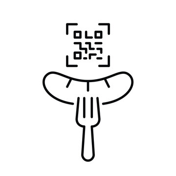 Sausage on fork and scan qr code. Menu and ordering. Food takeaway. Pixel perfect, editable stroke vector icon