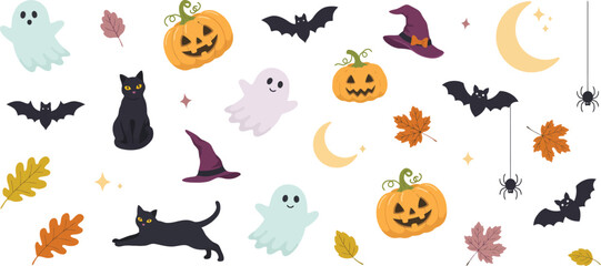 Obraz premium Halloween-themed flat icons set with cats, pumpkins, bats, and ghosts