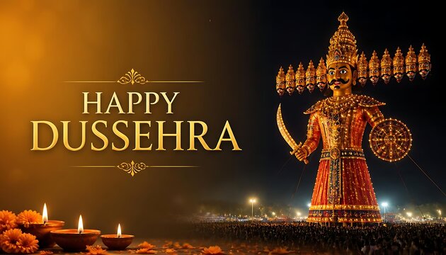 Majestic illuminated effigy of ravana at night during the dussehra festival with dussehra