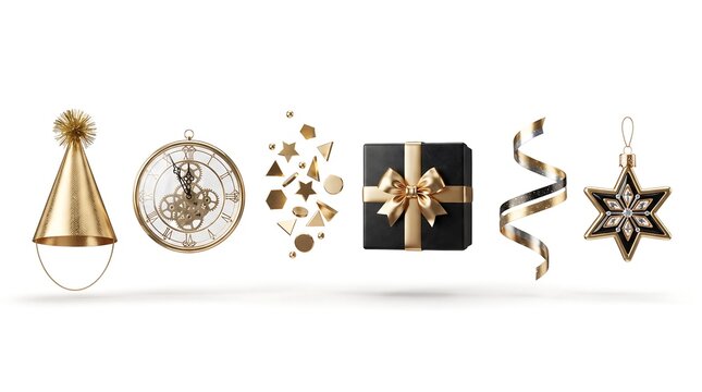 Set of luxury golden party decorations including a cone hat clock confetti gift ribbon and snowflake ornament