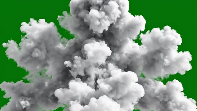 White smoke plume expands and dissipates against a green screen background expansion dissipating cloud vapor billowing puff atmospheric