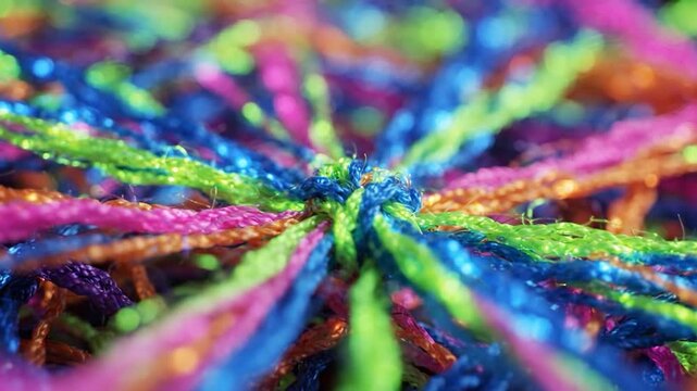 Macro view of colorful intertwined braided threads.