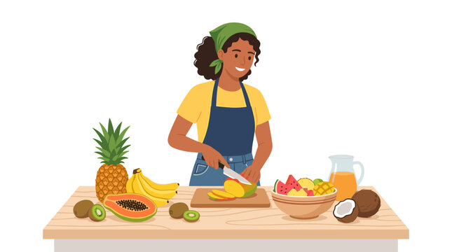 FLAT Mulher sorridente cortando manga fresca em uma t&aacute;bua de corte cercada por frutas tropicais e suco Vector