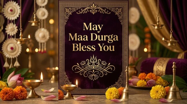 May Maa Durga bless you religious card with diya flowers and bell for durga puja festival wishes.