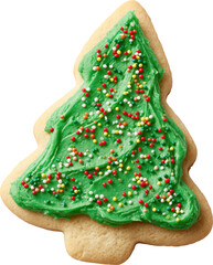 Obraz premium Christmas tree shaped sugar cookie decorated with green icing and sprinkles isolated on transparent background.