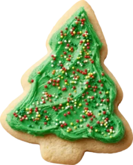 Christmas tree shaped sugar cookie decorated with green icing and sprinkles isolated on transparent background. © Pro Hi-Res