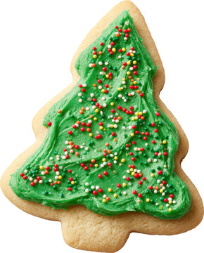 Christmas tree shaped sugar cookie decorated with green icing and sprinkles isolated on transparent background.