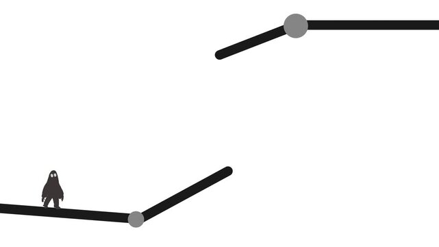 A small character stands on a platform, and the platforms are moved by protruding mechanisms. It simulates a computer game.