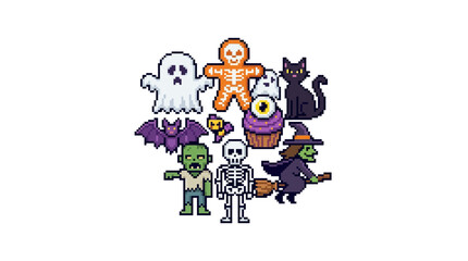 Fototapeta premium Pixel art Halloween character collection featuring ghost witch skeleton zombie bat and cat.
