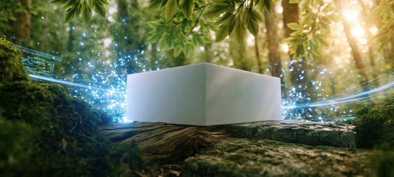 Abstract cube on mossy ground with forest and light effect