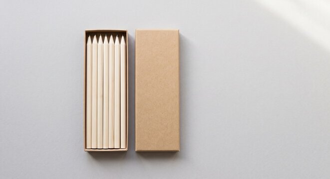 Blank kraft paper pencil box with unpainted natural wood pencils on a light grey paper background with copy space