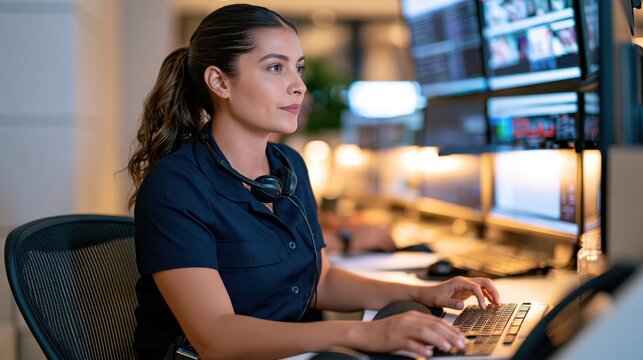 Woman working at desk with multiple monitors in control room