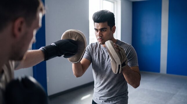 Junger Mann trainiert Boxen mit Trainer an Boxhandschuhen