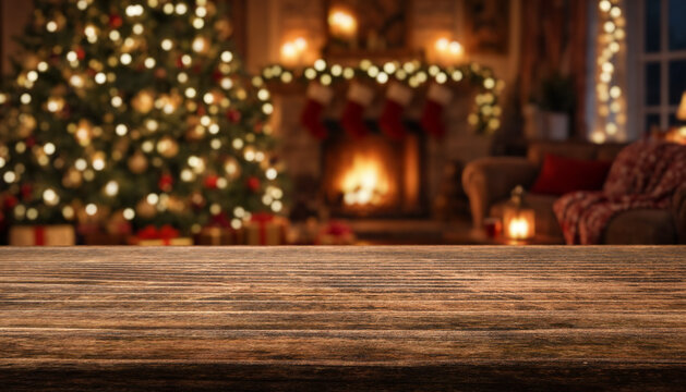 Empty wooden tabletop sits before glowing christmas living room. Empty tabletop foreground leaves generous copy space, while blurred tree, fireplace, and warm lights create cozy home setting.