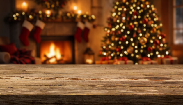Rustic wooden tabletop stands empty in warm Christmas interior with glowing fire, tree lights, and hanging stockings. Tabletop display feels inviting and festive, ready for seasonal branding.