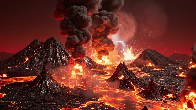 Volcanic eruption sends lava flowing across a mountainous landscape with fiery explosions volcano magma explosion fire geothermal geologic