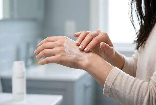 Woman applying moisturizing cream on her hands in a bathroom setting