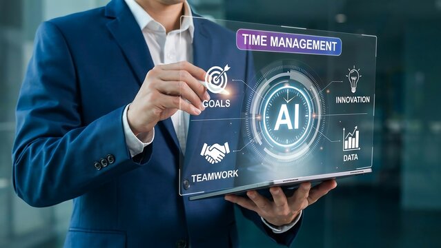 Business professional using a futuristic transparent laptop with artificial intelligence technology and time management concepts