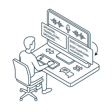 Isometric live captioning and instant translation illustration