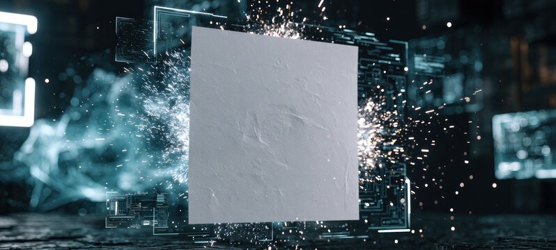 Abstract digital grid explosion with blank square and particle effect