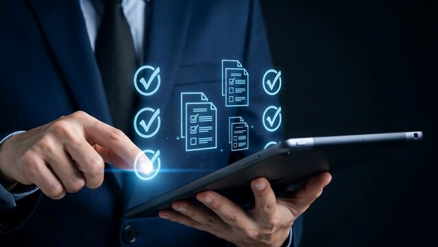 Businessman using digital tablet to manage documents and approve checklist tasks efficiently with technology