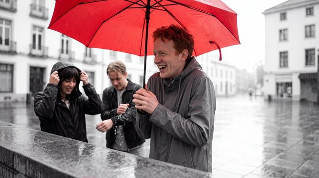 Freunde lachen unter rotem Regenschirm im Regenschauer
