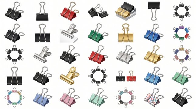 Binder clips collection in multiple sizes and colors for organized document management.