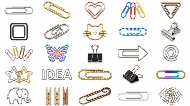 Creative paper clips and wire fasteners in various shapes and colors for document storage.