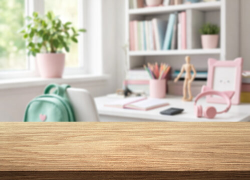 Child learning workspace features desk accessories for home learning, including backpack, books, pencils, headphones, and tablet. Bright pastel room styling gives study area clean, hopeful feel.