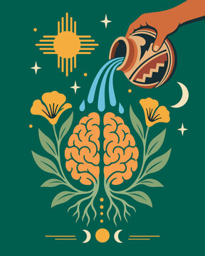 Indigenous Wellness Brain with Water, Healing Plants and Growth Symbolism