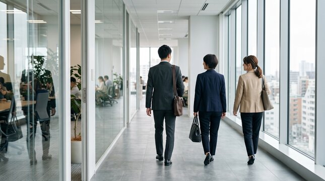 オフィスの廊下を並んで歩く日本人ビジネスパーソン3人の後ろ姿