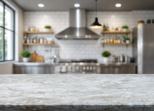 Stone countertop in foreground anchors soft focus modern kitchen with steel hood, open shelving, and window light. Quiet, tidy interior suggests welcoming home space for cooking, staging, or design.
