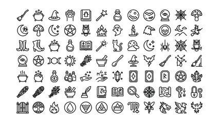 Fototapeta premium Set of black and white witchy and occult icons for magic themed design projects and digital stickers