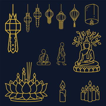 Buddhism and tradition of loy krathong festival design elements with candles and monks gold line icons