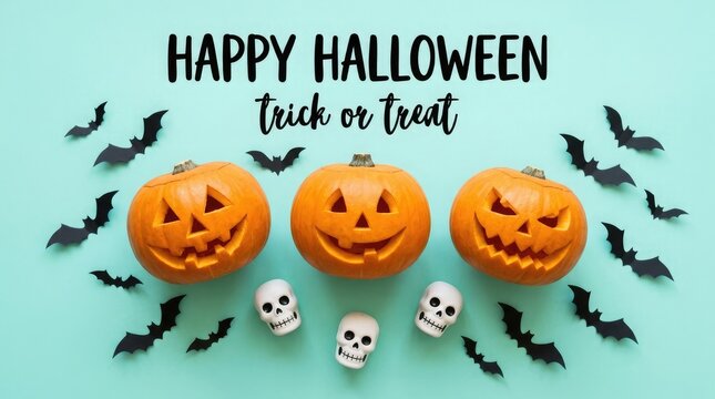 A spooky and delightful halloween scene featuring carved pumpkins playful bats and miniature skulls on a pale blue background