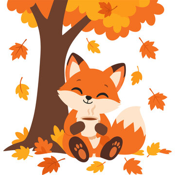Cute Autumn Fox with Falling Leaves and a Warm Drink