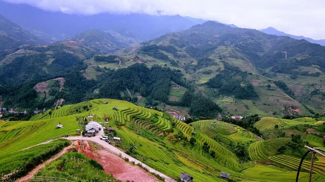 Traditional House on Scenic Green Rice Terraces in Mu Cang Chai Vietnam
