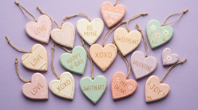 Valentines day heart ornaments on purple background