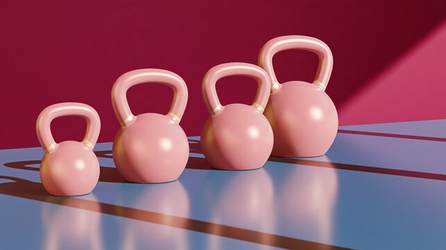 Four pink kettlebells arranged in ascending size on reflective blue surface against deep red background with dramatic lighting
