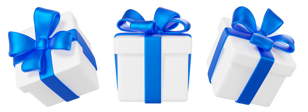 Set of white gift boxes with blue ribbons in multiple angles, isolated on background. Perfect for gifts, celebrations, and festive occasions.

